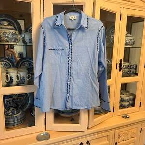 Mille Julien Top in Ciel Light Blue with Black Ric Rac Embroidery